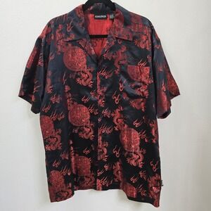 Oda Mens Red Dragon Flame Jacquard Satin Button Up Shirt Black Large Y2K Street